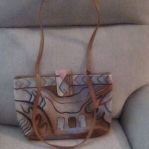 Multicolor Artistic Pattern Shoulder Bag with Tan Straps